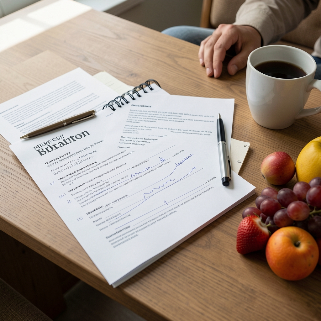 Editorial desk with marked-up nutrition papers, a notebook and seasonal fruit — Bralton editorial