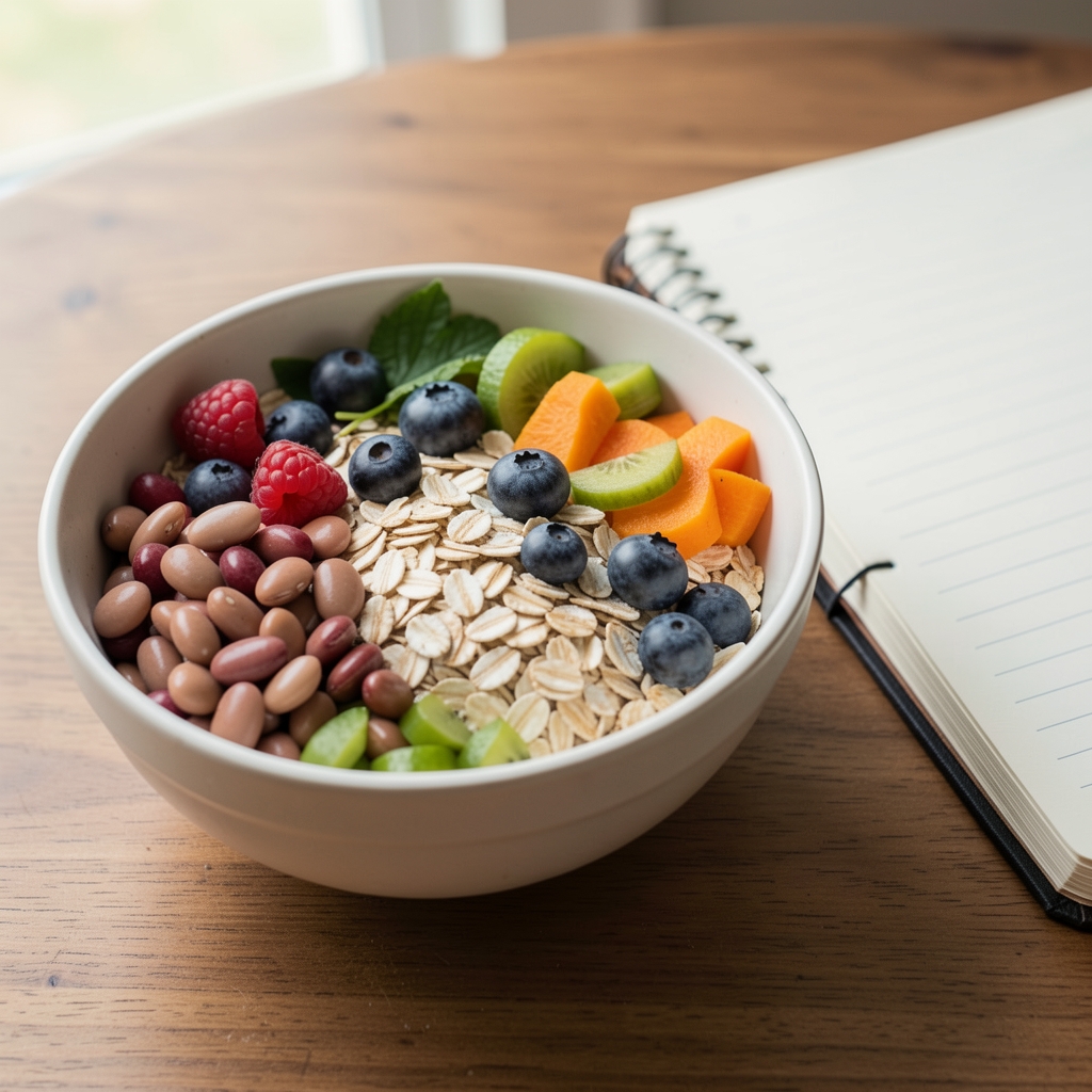 Fibre-rich meal with oats, berries, beans and vegetables beside a notebook — Bralton editorial