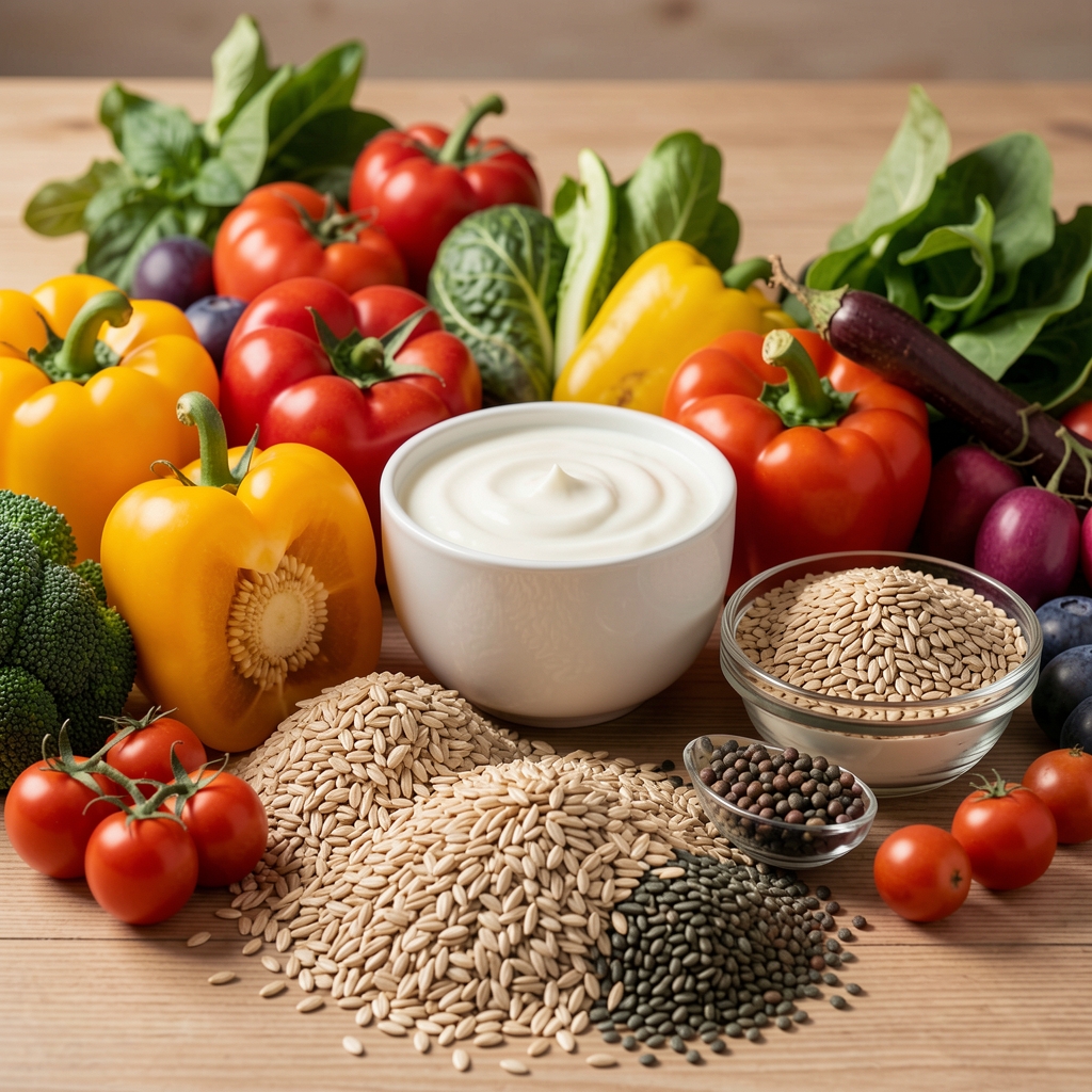 Colourful vegetables, whole grains, yoghurt and seeds arranged for a weekly shop — Bralton editorial