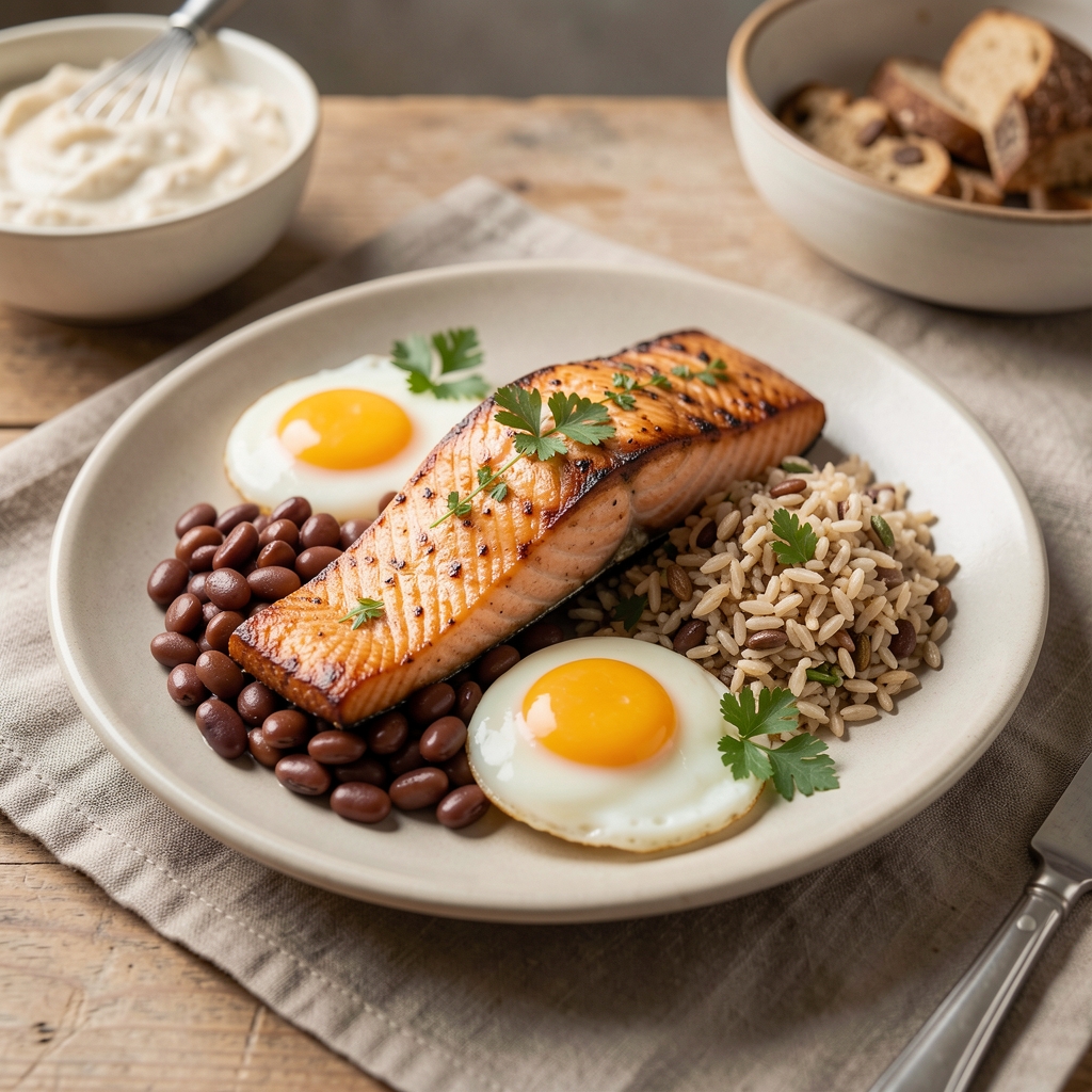 Roasted salmon, beans, eggs and whole grains prepared for a balanced meal — Bralton editorial